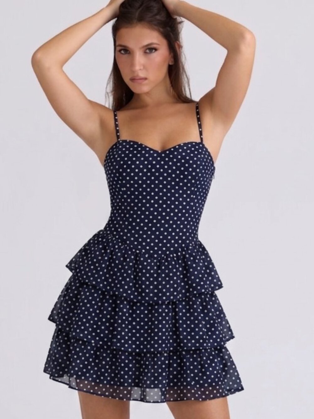 Navy Blue & White Polka-Dot Ruffle-Tier Spaghetti-Strap Dress | H&M